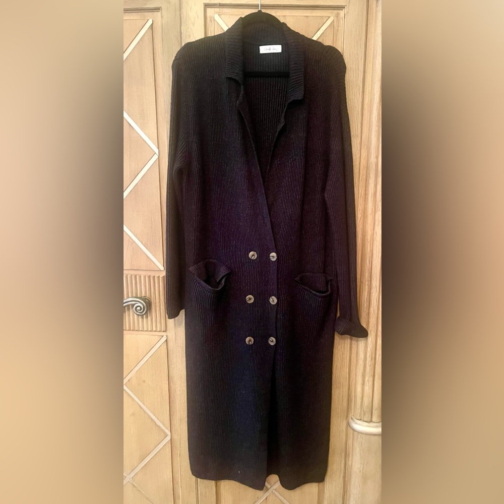 Charlotte Avery Black Long Heavyweight Cardigan Coat with Button Details